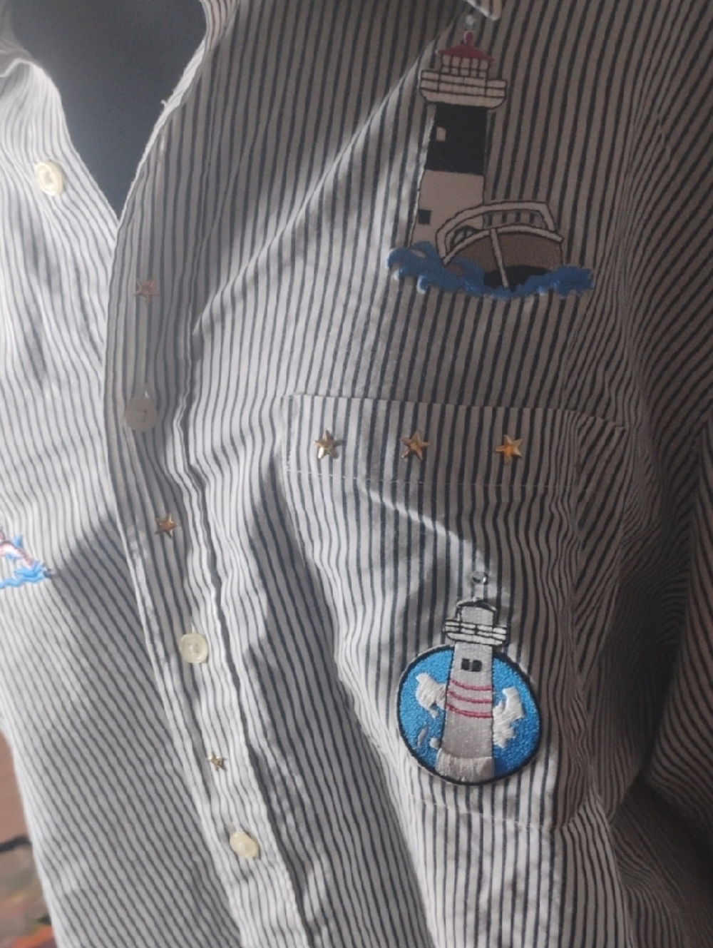Mili Womens Black & White Striped Button-Down Shirt with Nautical Embroidery - Picture 3 of 5